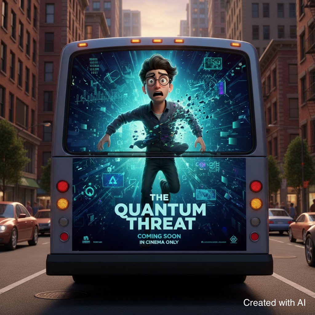 nimated movie poster on the back of a city bus for The Quantum Threat, showing a cartoon-style character with a shocked expression surrounded by glowing digital and quantum effects, with text reading ‘Coming soon in cinema only.’