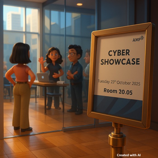 A sign for a “Cyber Showcase” event on Tuesday, 23rd October 2025, in Room 20.05, set in a modern office environment with cartoon-style people interacting in the background.
