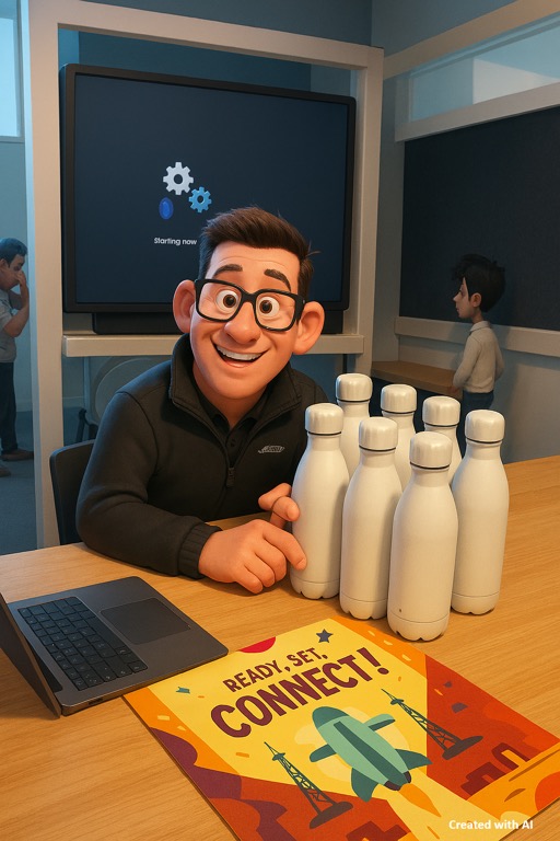 A man smiling at a conference table with several white bottles, a laptop, and a poster reading “READY, SET, CONNECT!” while two other animated people are in the background.