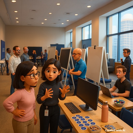 A workshop setting where people are engaging in group discussions, working on computers, and collaborating near whiteboards in a modern, well-lit room.