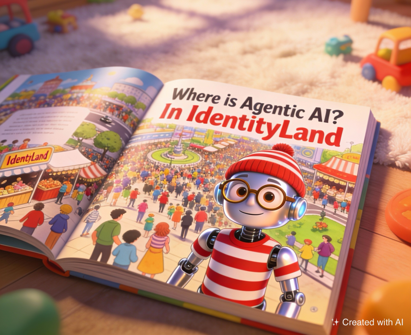 Open children’s book on a cozy rug showing a colorful theme park scene titled “Where is Agentic AI? In IdentityLand” with a cartoon robot character in the foreground.