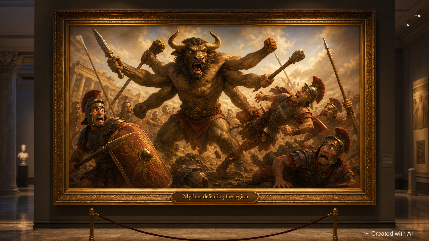 AI generated image of a renaissance painting representing a Mynotaur defeating soliders of the Roman legion