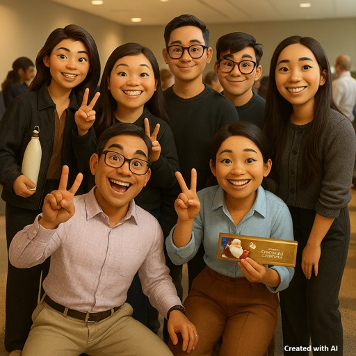 A group of people are posing indoors, smiling and making peace signs, with one person holding a festive chocolate gift.
